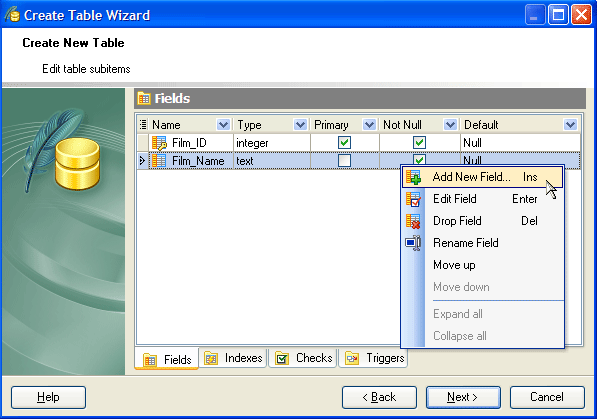 Adding Table Subitems: Fields