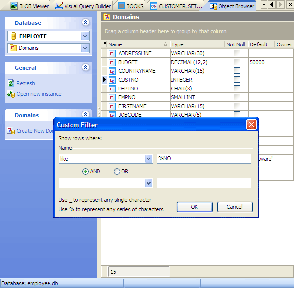 Filtering of Database Objects within Object Browser