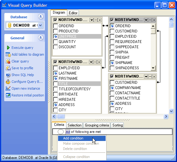 Specifying Query Criteria in Visual Query Builder