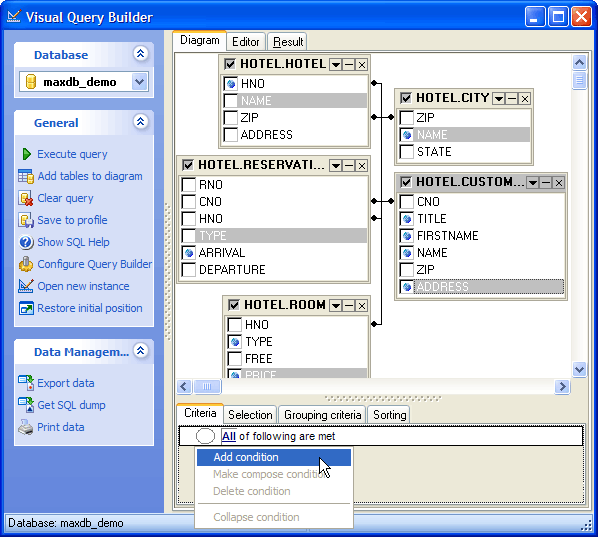 Specifying Query Criteria in Visual Query Builder