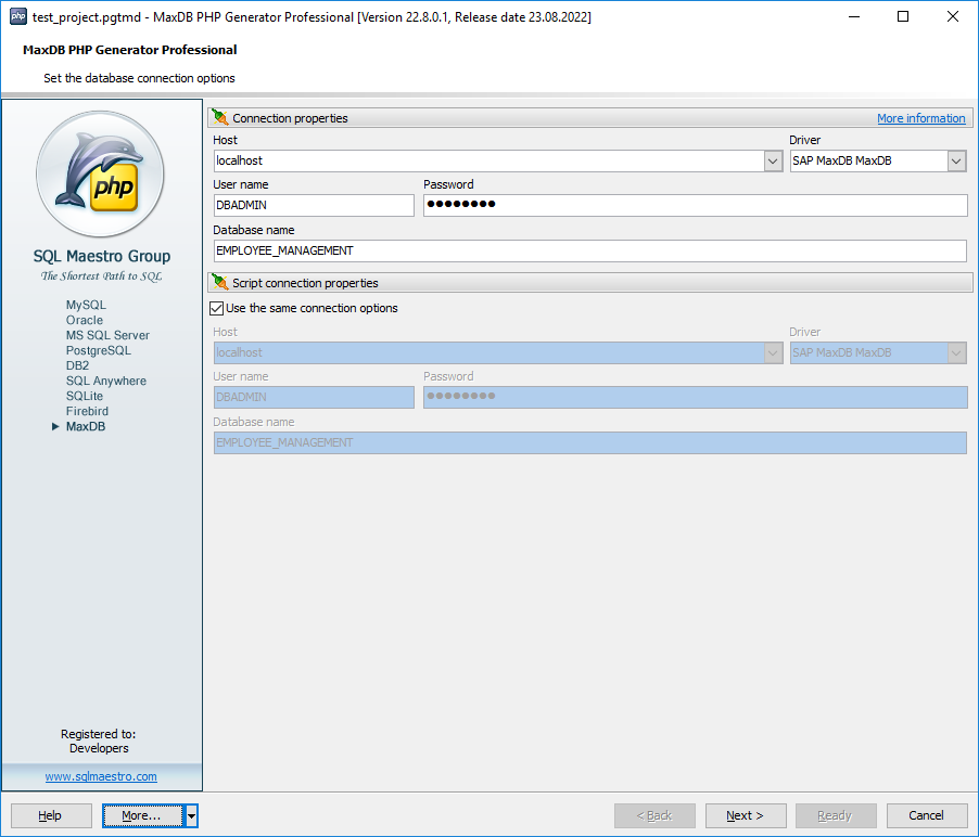 MaxDB PHP Generator