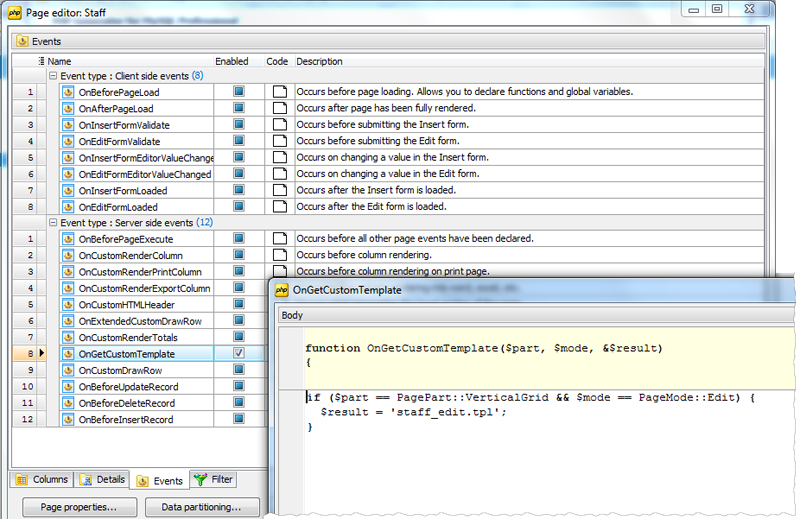 The Events tab of the 'Staff' Page Editor and the OnGetCustomTemplate Event Editor.
