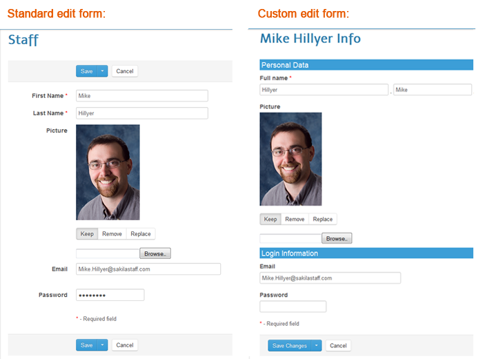 The edit form: before and after customization.