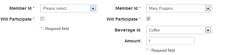 The dinamic hiding of the 'Beverage Id' and the 'Amount' controls depending on the 'Will participate' value.