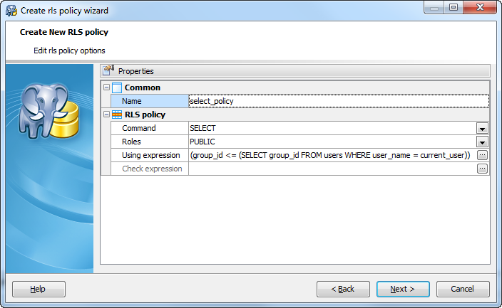 Create Row Security Policy wizard