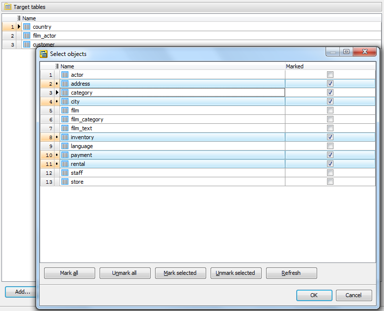 Selecting target tables