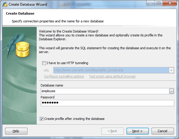 Create Database wizard