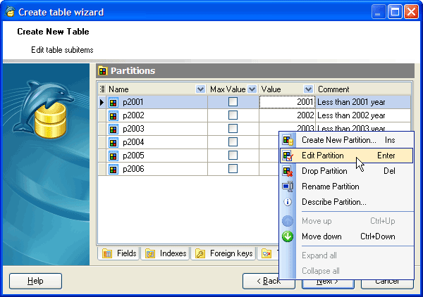 table partitions