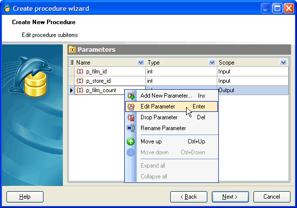 specifying procedure parameters list