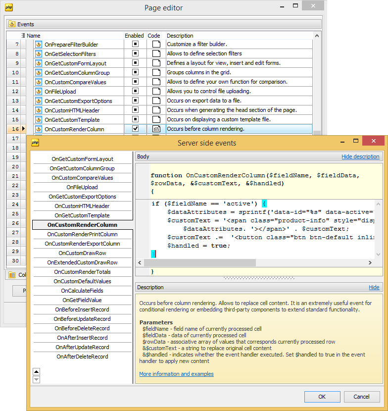 The Events tab of the 'Product' Page Editor and the OnCustomRenderColumn Event Editor