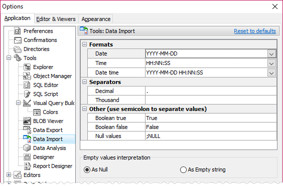 Data Import defaults