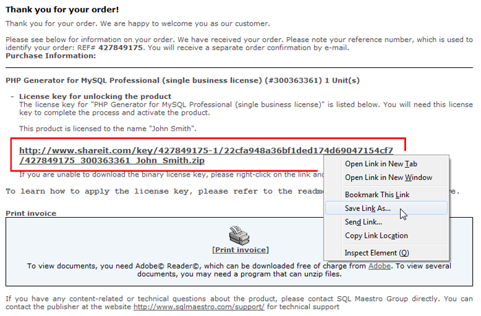 Downloading the license key from the SQL Maestro Group Online Shop