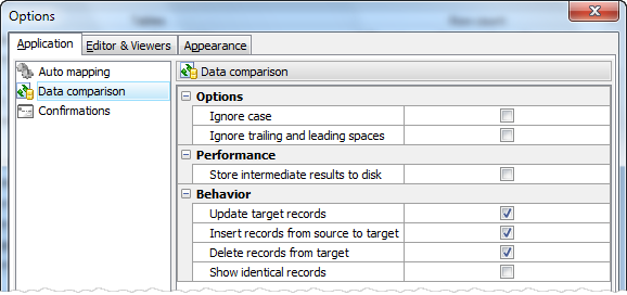 Data comparison options