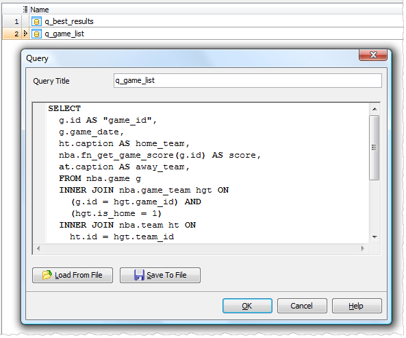 Import of data retrieving by an SQL query