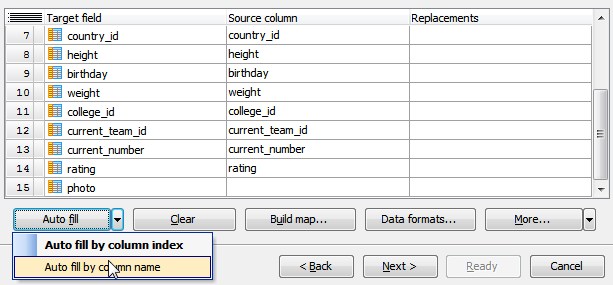 Setting column correspondence