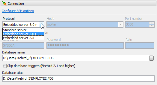 Edit Database Profile: protocol selection