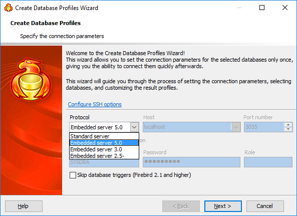 Create Database Profiles: protocol selection