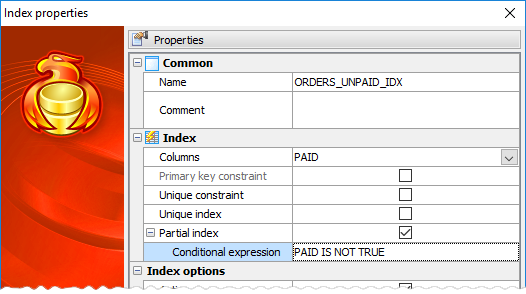 Partial index properties