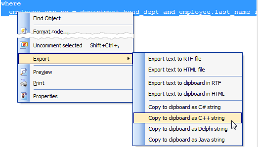 SQL Editor: copy selected text as a string written in programming language