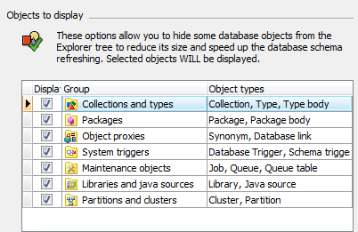 Database explorer options: excluding rarely used objects