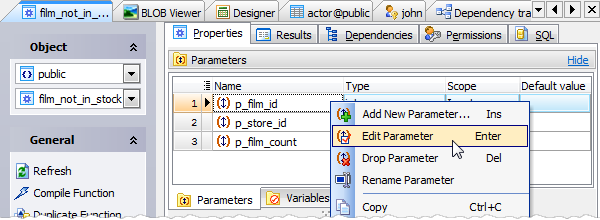 Function Editor: work with parameters
