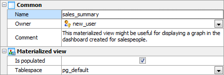 Materialized View Editor: properties