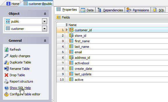 Show SQL Help command