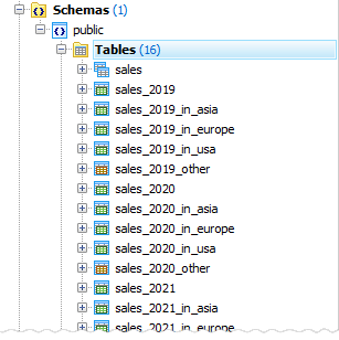 Database Explorer: partitions are displayed along with regular tables