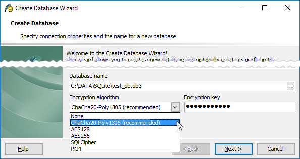 Create database wizard: selecting encryption algorithm